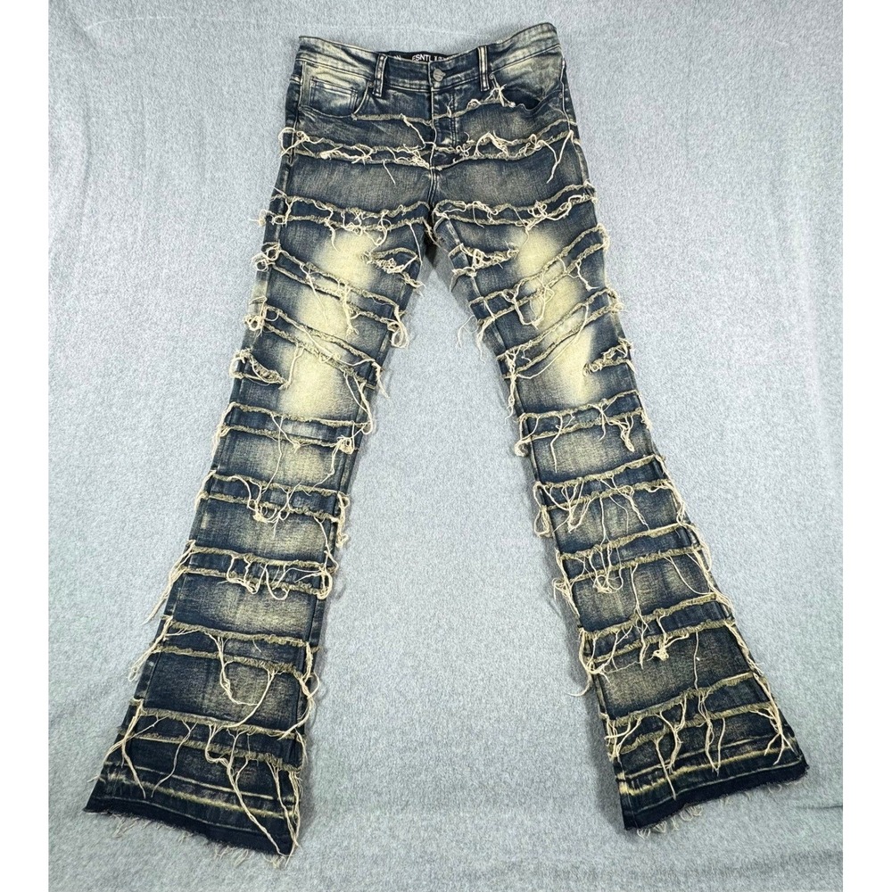 ESNTL LAB Jeans Mens 36x35 Distressed Button Fly Dark Wash Streetwear Denim